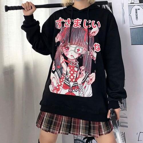 Autumn Winter Hoodies Women Loose Japanese Gothic Dark Sweet Girl Printing Thickened Warm Sweatshirt Women Kawaii Cartoon Tops