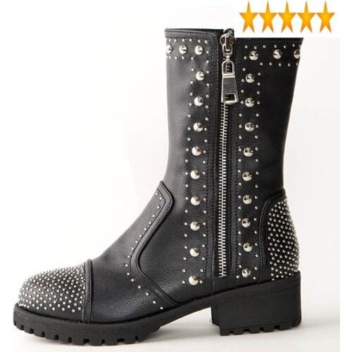 New Women Rivet Punk 2021 Motorcycle Genuine Leather Black Female Shoes Rock Zipper Mid Calf Block Med Heel Boots