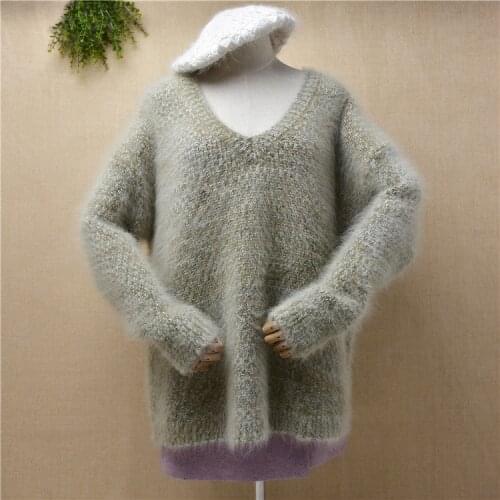 Female women fashion hand knitted Fall Winter mink cashmere knitted v-neck loose plush size pullover angora fur jumper sweater
