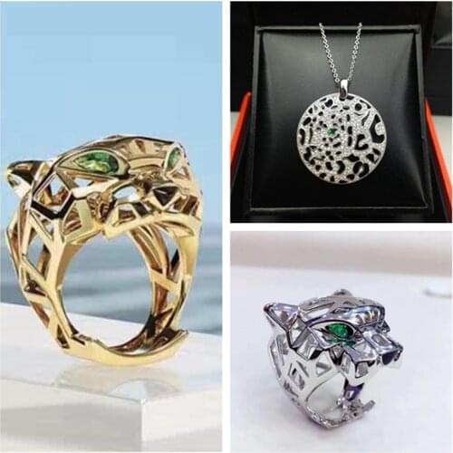 925 Sterling Silver Leopard Head Hollow Finger Ring Round Enamel Collar Necklace Jewelry Set Hollow Animal Green Eyes Women Set
