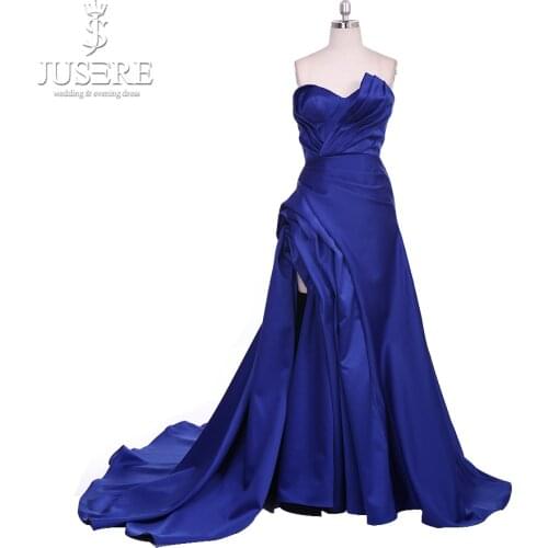 Jusere New Arrival Blue A line Off Shoulder Satin Ruching Pleat Zipper up Back Court Train Elegant Lady Women Evening Gown 2018