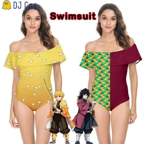 Anime Demon Slayer Swimsuit Off Kamado Nezuko Kamado Tanjirou Rengoku Kyoujurou Shoulder One-piece Swimwear Sexy Oversize