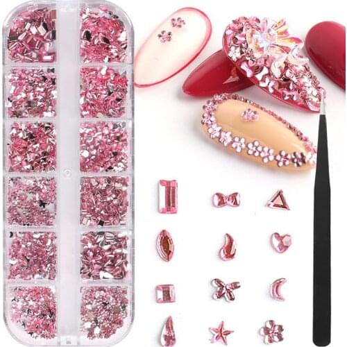 12Grids Manicure Shaped Diamonds Bow Diamonds Mix Shapes Acrylic Diamonds Jewelry Nail Art Rhinestones Decorations Charms Set