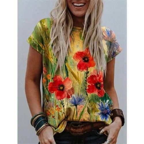 5XL Plus Size 2021 Summer Tops Fashion Flower Printing Short Sleeve O-Neck Casual Loose Floral T Shirt