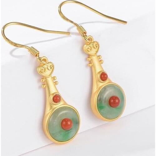 Natural Hetian Jade S925 Silver South Red Jade Piano Earrings Female Special-Interest Design Complex Classical Fashion Style