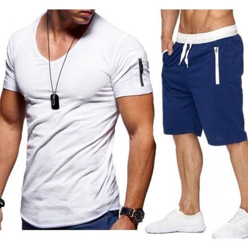Summer Tracksuit Solid Color V Neck Men Short Sleeve T-shirt Drawstring Shorts for Sports Mens Sets Clothing