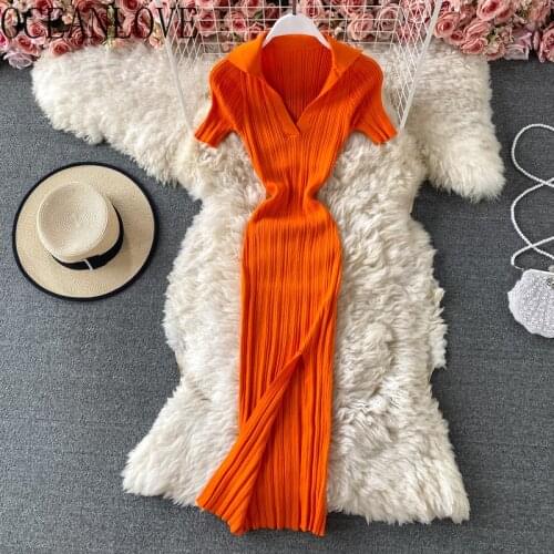 OCEANLOVE V Neck Knitted Long Dresses Solid Vintage Bodycon Stretch Korean Robe Femme Sexy High Waist Summer 2021 Vestidos