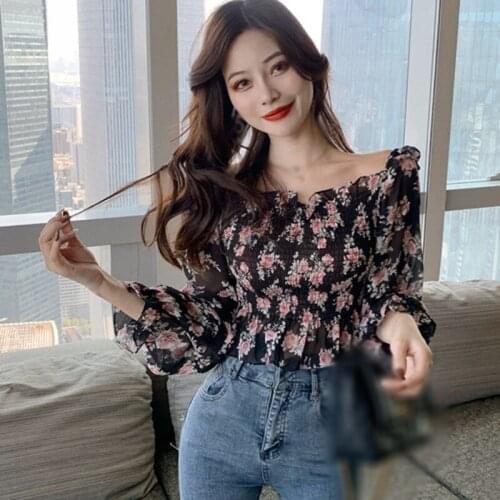 Sexy Autumn Thin Chiffon Blouse Women Floral Print Off Shoulder Shirt Long Sleeve Slim Blouses Tops for Female