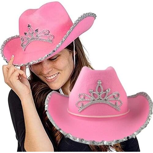 Western Style Tiara Cowgirl Hat for Women Girl Wide Brim Cowboy Cap Pink Fedora Caps Holiday Costume Party Hat Play Dress Up