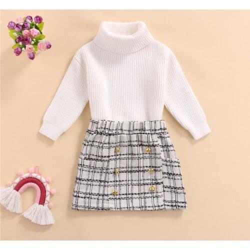 Stylish Little Girls Casual 2Pcs Outfits, Solid Color Long Sleeve Ribbed Knit Turtleneck Sweater + Plaid Skirt with Buttons 1-7Y