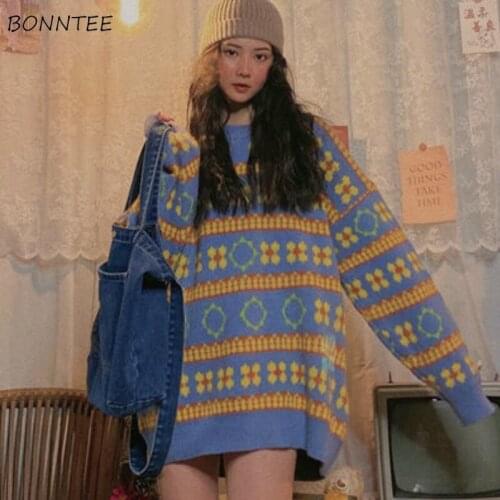 Sweaters Women Patchwork Fashion Leisure All-match Chic Retro O-Neck Student Loose Korean Version Knitting Ladies Pullovers New