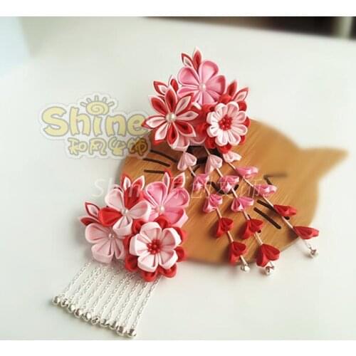 Hand made hairpin cotton cloth hair clip barrettes Japanese anime Kimono cosplay accessories free shipping sakura tassels