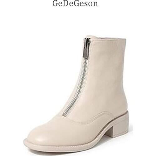 Front Zipper Thick High Heel Ankle Boot Cowhide Leather Fashion Design Comfortable Quality Shoes Female New