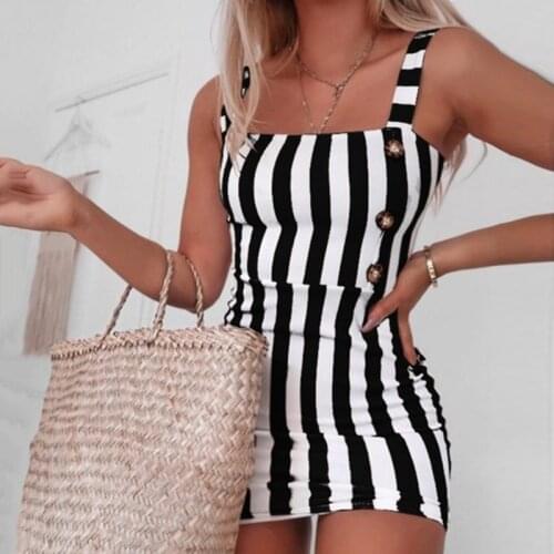 Retro Dress Summer Vertical Striped Button Suspenders Sexy Elegant Sleeveless Mini womens Dress