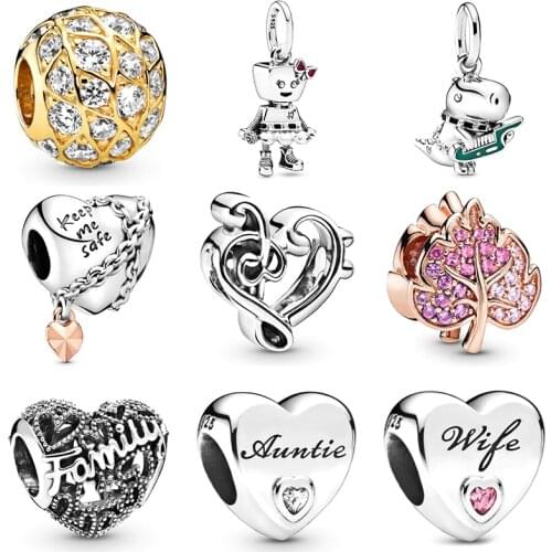 2019 NEW 100% 925 Sterling Silver Family Band Hanging Charm Rose Sparkling Pave Leaf Charm Fit DIY Bracelet Jewelry Set Gift