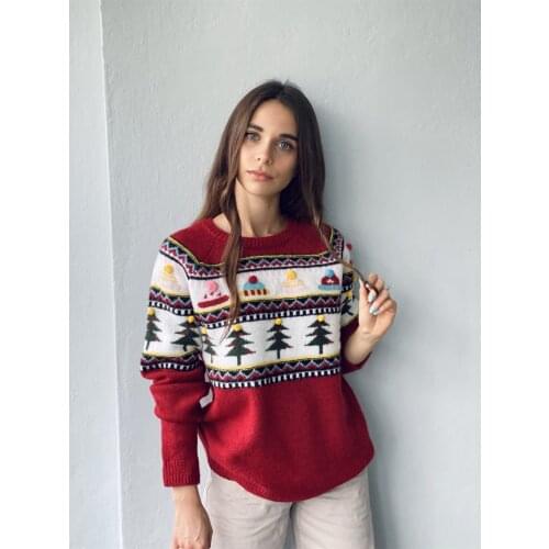 2021 Noel Printed Woman Sweater Harajuku Kawaii Turkish Fabric Vintage худи женские свитера