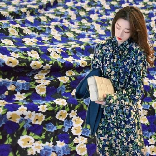 50*150cm Royal Blue Flower Printed Korean Silk Chiffon Fabric Floral Dress Skirt Shirt Handmade DIY Fabric