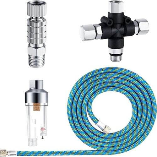 ABSF 4Pcs Airbrush Adapter Set, 6 Ft Braided Air Hose, 3 Way Airbrush Air Hose Splitter Manifold Airflow Adjustment Coupler