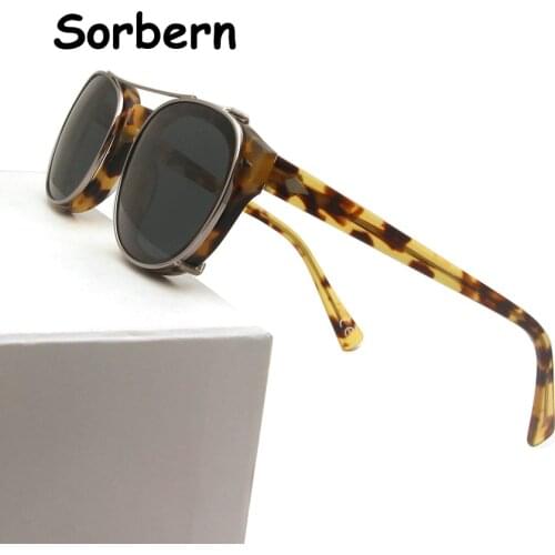 Acetate Man Spectacle Frames With Snap On Polarized Clip On Sunglasses Uv400 Male Round Optical Frame With Clip-On Lens Oculos