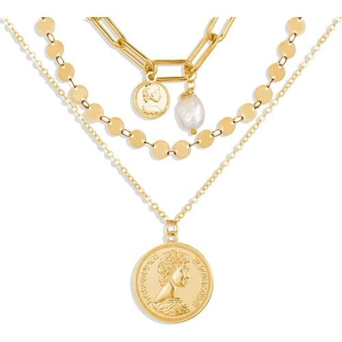 New Fashion Gold Multi Layer Baroque Pearls Coin Portrait Layer Choker Pendant Necklace for Women Trendy Necklace Jewelry Gifts