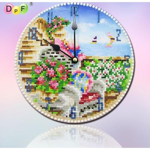 DPF 5D Round Diamond Embroidery Needlework landscape diamond Mosaic clock sea house full Diamond painting Cross Stitch art decor