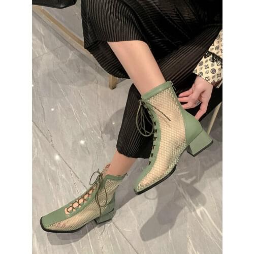 EshtonShero Women Shoes Zippers Casual Woman Boots Summer Mesh Sandals Women Ankle Boots Round Toe Square Med Heels