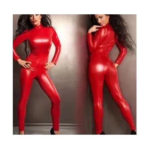 Womens mens PVC Faux Leather Jumpsuit Bodysuit Cosplay Costumes Catsuit Clubwear without hood gloves front zipper