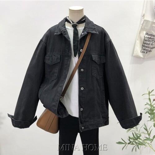 Spring Autumn Loose Korean Washed Vintage Black Denim Jacket Female Coat Casual Long sleeve Women Jeans Jackets Chaqueta Mujer