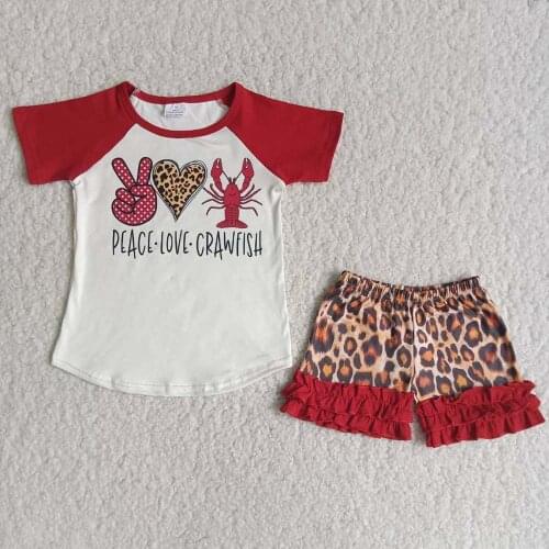 Summer Baby Girls Two Pieces Outfits Peace Love Crawfish Red Raglan Shirt Leopard Pattern Shorts Kids Clothing