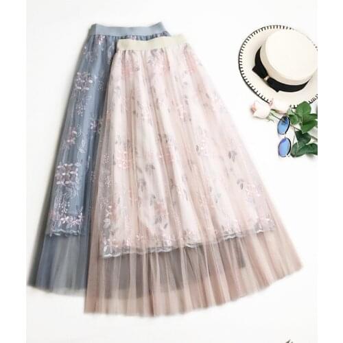 Summer Floral Embroidery A-line Tutu Lace Mesh Skirt Women Elegant Tulle Long Pleated Skirt Women Midi Skirt Saia Feminina R297