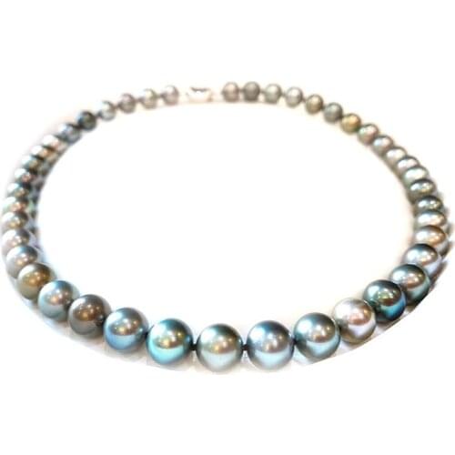 MADALENA SARARA 8-10MM Natural Black Tahitian Pearl Strand Necklace Fine Luster Black Within Light Blue High Quality