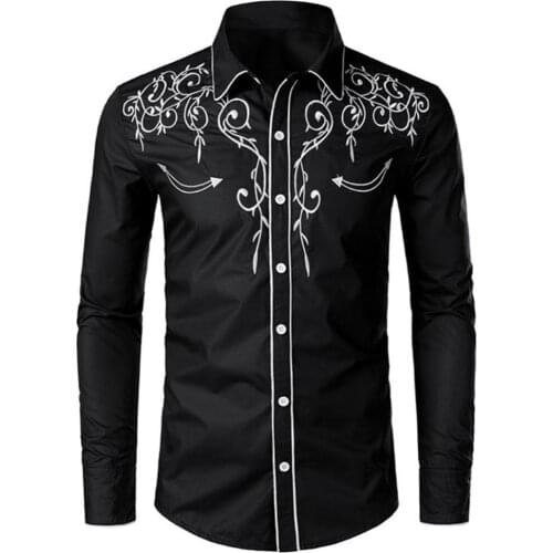 Fashion Western Cowboy Shirt Men Brand Design Embroidery Slim Fit Casual Long Sleeve Shirts Mens Wedding Party Shirt for Male