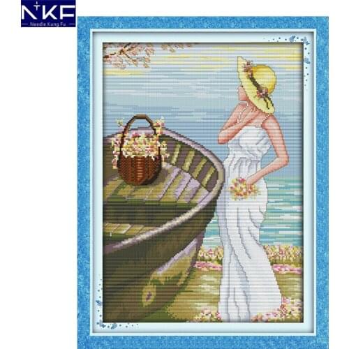 NKF Seaside Girl Cross Stitch Patterns Needlework Cross Stitch Kits Embroidery Cross Craft Chinese Cross Stitch for Home Decor