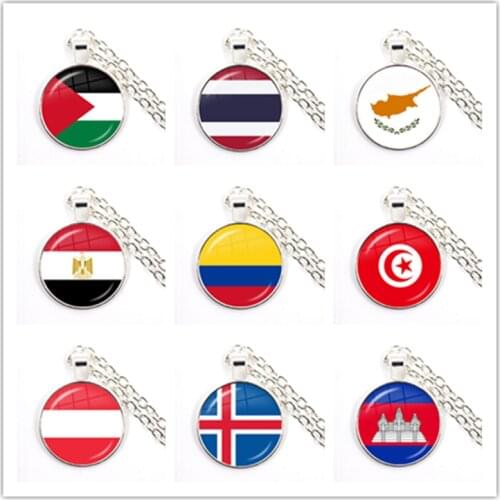 Palestine,Thailand,Cyprus,Egypt,Colombia,Tunisia,Austria,Iceland,Cambodia National Flag Glass Cabochon Pendant Necklace Jewelry