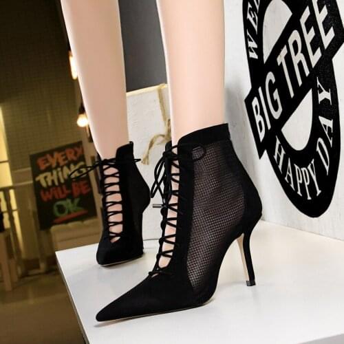 Sexy Shoes For Women Mesh High Heels Ankle Boots Lace Up Women Shoes Fashion Model Boots Cut Up Thin Heels Cross-Tied Ladies