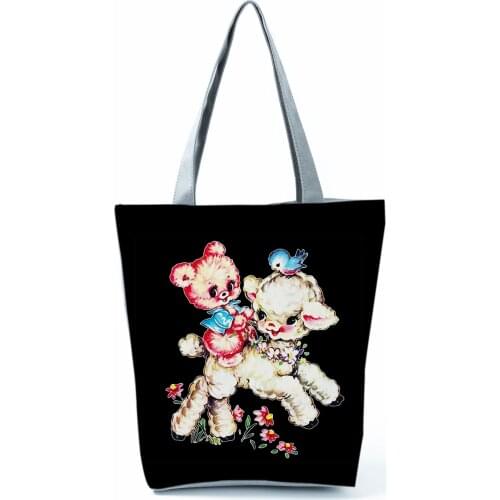 Portable Large Capacity Black Female Shopper Bag Sheep Floral Cartoon Printed Tote Personality Cute Animal Handbag Bright Colors