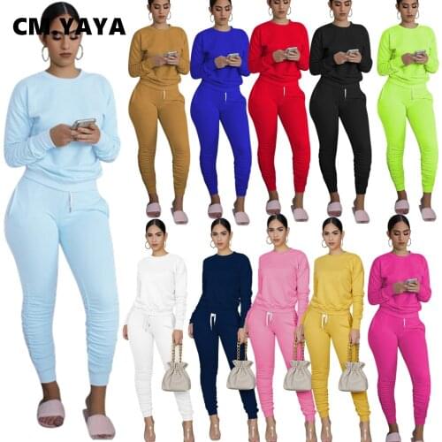 CM.YAYA Casual Sport Women Two Piece Set Tracksuit Long Sleeve Sweatshirt Tops Stacked Jogger Sweatpant Suit Outfit Matching Set