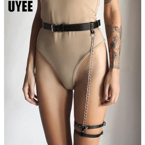 UYEE Sexy PU Leather Thigh Garter Womens Underwear Sword Belt Sexy Lingerie Punk Waist To Leg Harness Gothic Body Chain Bondage