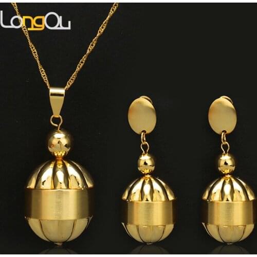 High quality smooth chime Stainless steel drop Earrings Big pendant Earring dubai Gold Jewelry set For Woman wedding