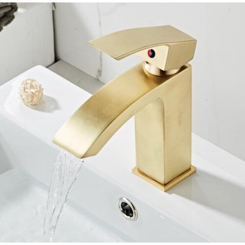 Modern Brushed Golden Matte Faucets Waterfall Bathroom Sink Tap Copper Basin Faucets Mixer Hot Cold Water Taps
