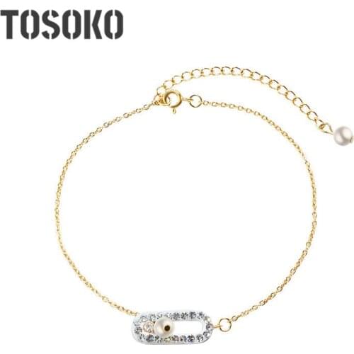 TOSOKO Stainless Steel Jewelry Zircon Inlaid Pearl Pendant Chain Hollow Geometry Chain Fashion Women BSS101