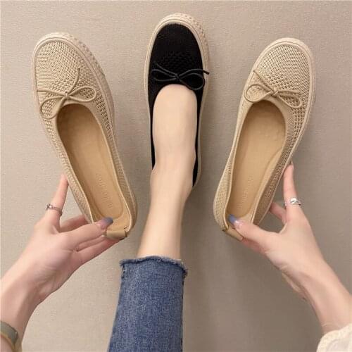 Women Casual Shoes 2021 Mesh Espadrilles Boat Shoe Bow Knitting Slip on Shoes Woman Flats Breathable Loafers Zapatos Mujer 9345G