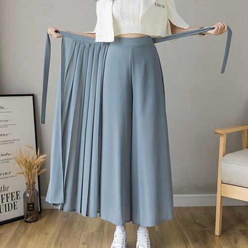 Women Pleated Pants 2021 Spring Summer Korean Style Chiffon Trousers Loose High Waist Wide Leg Pants Hakama Casual Pantalones