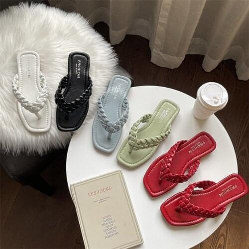 Women Slippers Women 2021 Summer Ladies Shoes Outdoor Elegant Solid Blue Red Sandals Square Toe Flats Women Flip Flops