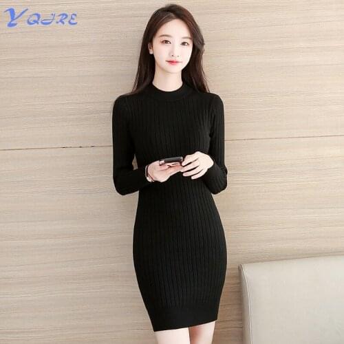 YQJRE New Autumn And Winter Womens Elasticity Tight Sexy Knit Long Sleeve Short Skirt Pencil Half High Neck Mini Club Dress