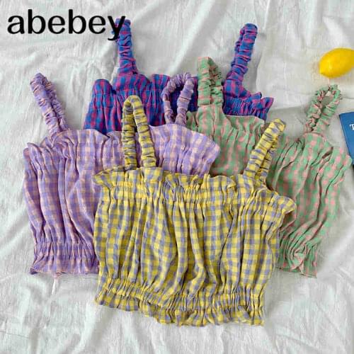 2021 New Summer Women Fashionable ruched slim Plaid floral print tank vest short Bottoming Wild Vest Tops