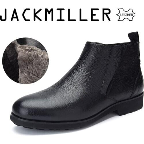 Jackmiller Top Brand Winter Mens Boots Cow Leather Boots for Men Wool Lining Nice and Warm Slip-On Easy Put On COLOR BLACK