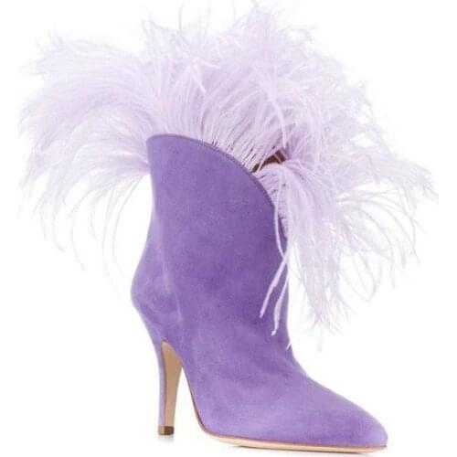 Winter New Womens Short Boots Ostrich Hair Pointed Toed Thin Heels High Heel Fashion Shoes Woman Suede Ankle Boots Botas Mujer