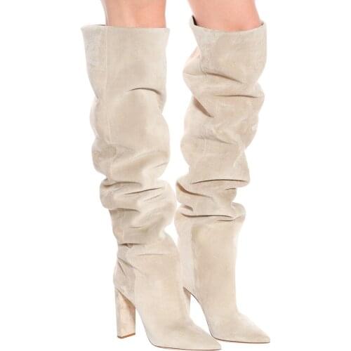 Winter Women Boots Fashion Pointed Toe Genuine Leather Square Heel High Heels Over-the-knee Boot Pleated Shoes Woman Botas Mujer