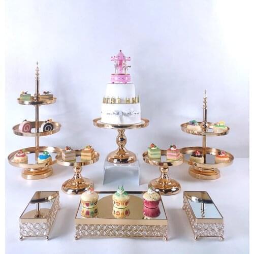 Gold mirror Wedding Display Crystal Cupcake Decoration Crystal Set Round Mirror Cake Stand